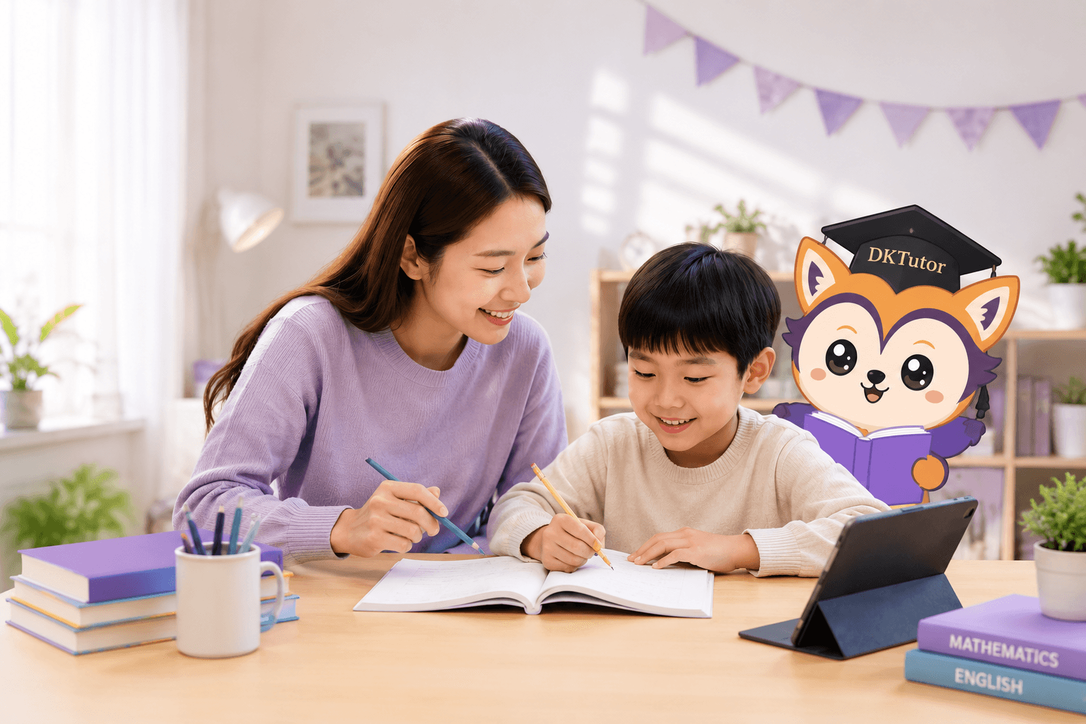 Hero Illustration — PARENT + CHILD STUDYING · WARM, PROFESSIONAL